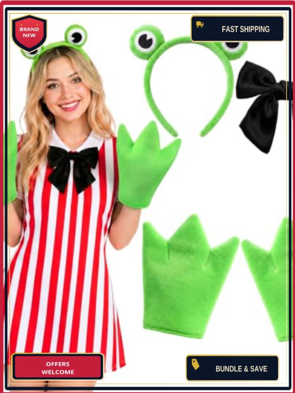 3 Pc Frog Costume Set Plush Headband Webbed Gloves Bow Tie